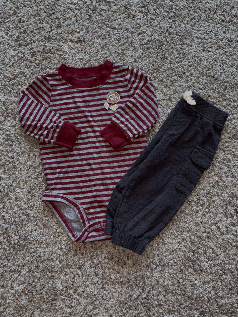 Carter's Burgundy and Gray Striped Bodysuit with Charcoal Pants - Picture 1 of 2
